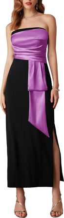 Grace Karin Womens Long Evening Dresses Satin Strapless Dress Sexy Party Cocktail Dress Contrasting Colours Bodycon Party Dress with Side Slit Black-Violet Size 1