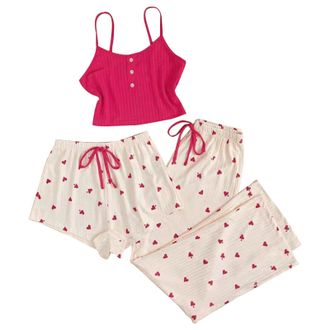 Generic Matching Christmas Pyjamas Womens Warm Sleepwear Womens 3 Pieces Pajamas Heart Print Shorts Pants Pj Sets Sleepwear Fuzzy Bra (Hot Pink, L)