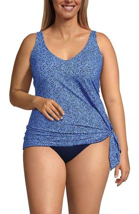 Lands End Plus Size Slender Suit Fauxkini Low Leg One Piece Swimsuit in Cloud Blue/navy Ditsy Lilies at Nordstrom, Size 16W