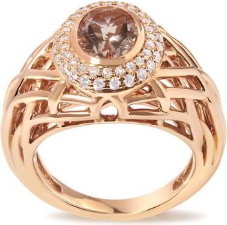 House of Brilliance 14K Rose Gold Light Pink Morganite & 3/8 Cttw Diamonds Halo and Basket Weave Cocktail Ring - Size 7