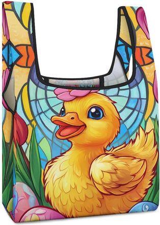 Generic Duck Tulip Flowers Shopping Bag Reusable Grocery Tote Bag Foldable Handbag for Travel Picnic