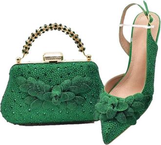 Generic Womens Luxury Shoes and Bag Set Rhinestones Flowers Decoration Pointed Toe High Heel Shoes for Wedding Party