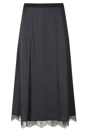 Tela Black Wool-Blend Lace Trim Flared Midi Skirt
