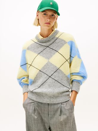 Tommy Hilfiger Strickpullover TOMMY HILFIGER ALPACA BLEND ARGYLE C-NK LS SWT, Damen, Gr. L/XL, light grau htr, gelb, blau argyle, Strick, Obermaterial: 50% Alpaka, 5