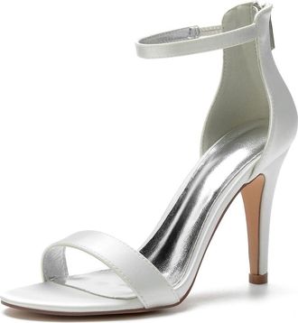 Generic Satin Heels Women Wedding Bridal Shoes Open Toe Stiletto High Heels Womens Heeled Sandals for Prom, Party, Daily 10.5Cm,Ivory,10 UK