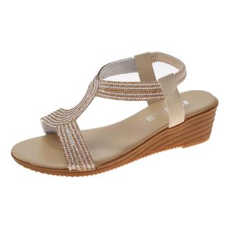 Generic Women Wedge Sandals Open Toe Rhinestone Sandal Adjustable Ankle Strap Sandal Sparkly Diamante T-Bar Shoes Casual Fashion Sandals Comfortable Walking S