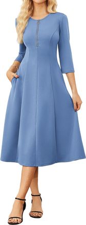 Grace Karin Womens A-Line Midi Blue Dress Elegant, Crew Neck Zip-up Occasion Dresses for Women UK, Midi Formal Work Dress with Pockets Gray Blue XL