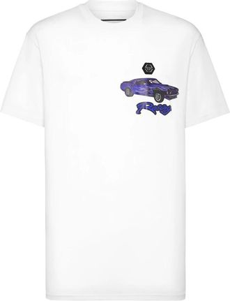 Philipp Plein Jersey T-shirt Ronde Hals SS Cars Racing - Heren - T-shirts - Wit - L - Katoen - Tops