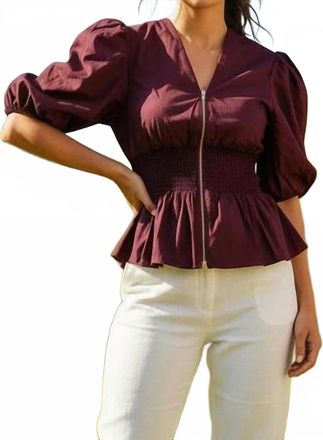 She + Sky Puff Sleeve Front Zipper Woven Top In Wine