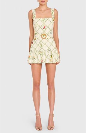 Amanda Uprichard Lena Floral Print Belted Linen Blend Romper in Almond Multi at Nordstrom, Size X-Small