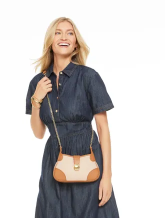 Talbots Leather Canvas Crossbody Bag - Natural/Havana Tan - 001 Talbots
