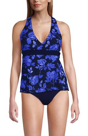 Lands End V-Neck Racerback Flutter Tankini in Navy Graphic Floral/navy at Nordstrom, Size 10