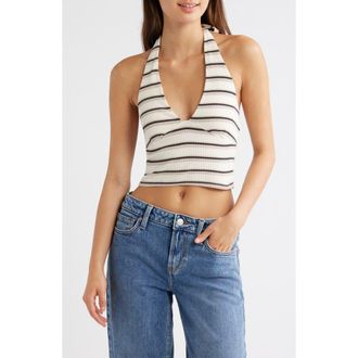 Rip Curl Topanga Canyon Rib Stripe Halter Crop Top in Bone at Nordstrom, Size Xx-Large