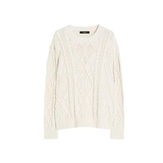Max Mara Trui met kabels en ruitpatroon van katoen - Dames - Ronde hals truien - Beige - L - Katoen - Truien & Vesten