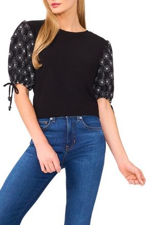 CeCe by Cynthia Steffe Mixed Media Puff Sleeve Sweater in Rich Black at Nordstrom, Size Xx-Large