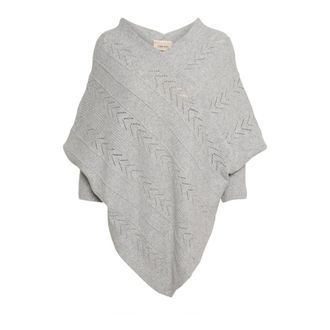 Cream Lichtgrijze Gebreide Poncho met V-Hals - Dames - Jassen - Grijs - Maat: ONE Size Poliester