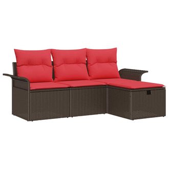 vidaXL Conjunto De Sof&aacute; De Jard&iacute;n 4 Pcs Marr&oacute;n Y Rojo Rat&aacute;n Sint&eacute;tico Vidaxl