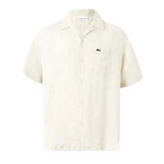 Lacoste Short Sleeve Shirts, male, Beige, Size: XL Relaxed Fit Linen Shirt