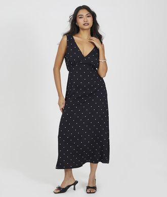 Brave Soul Vestito midi nero con scollo a V, taglio sbieco e stampa a fiori