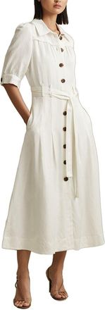Reiss Malika Linen-Blend Cap Sleeve Linen Belted Midi Dress