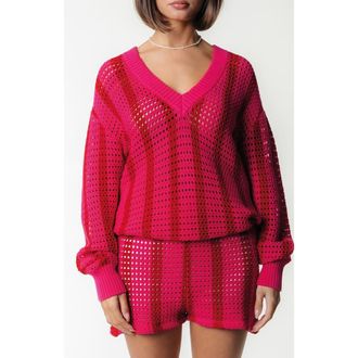 Colourful rebel Lizza Crochet Stripe V-Neck Sweater in Pink at Nordstrom, Size X-Large Eu