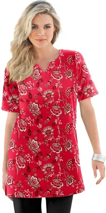 Roaman's Plus Size Soft Knit Print Tunic With Notch Neckline in Vivid Red Porcelain Floral at Nordstrom, Size 2X
