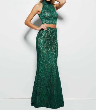 Mac Duggal Lace Two-Piece Halter Neck Gown In Emerald