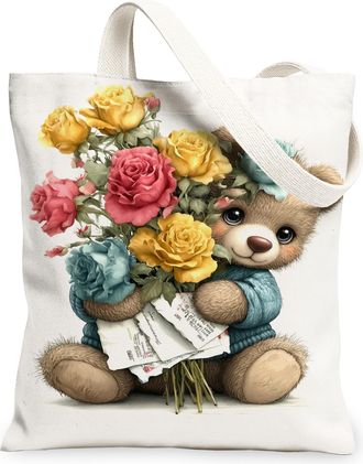 Generic Floral Bear Canvas Tote Bags, Cute Animal Flower Pattern Reusable Grocery Bags, Spring Vintage Lightweight Washable Shoulde, White, 13x15 Inch