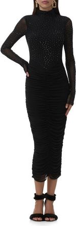 AFRM Cruz Rhinestone Long Sleeve Mesh Midi Dress in Noir at Nordstrom, Size X-Large