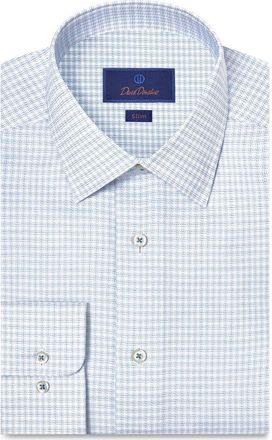 David Donahue Slim Fit Microcheck Stretch Cotton Twill Dress Shirt in White/Blue at Nordstrom, Size 15.5 - 32
