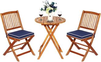 Costway Costway - Juego De Mesa Y 2 Sillas Para Jard&iacute;n Mueble Grupo De Asiento De Madera Mesa Redonda Y Silla Plegable Para Terraza, Patio, Pasillo (azul)
