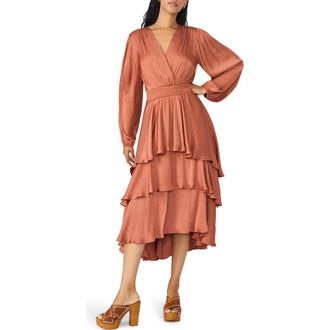 Steve Madden Bei Long Sleeve Tiered Satin Midi Dress in Copper Brown at Nordstrom Rack, Size X-Small