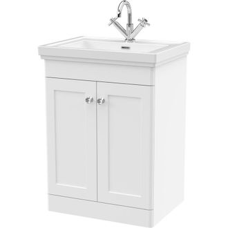 Nuie Nuie - Classique Floor Standing 2-Door Vanity Unit with Basin 600mm Wide Satin White - 1 Tap Hole