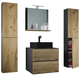 ebuy24 Vcm 5pcs Lavabo Lavabo Negro Gabinete Inferior Ancho 60 Cm Muebles De Ba&ntilde;o Con Cajones Espejo De Puertas Giratorias Lendas S Bl (antracita / Roble Mie