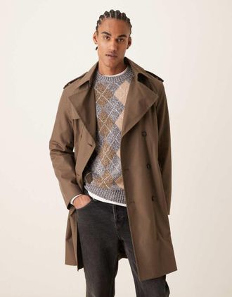 Mango Trench in misto cotone marrone con cintura