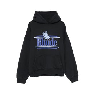 Rhude Hoodies, male, Black, Size: XL Logo-Print Pouch-Pocket Hoodie