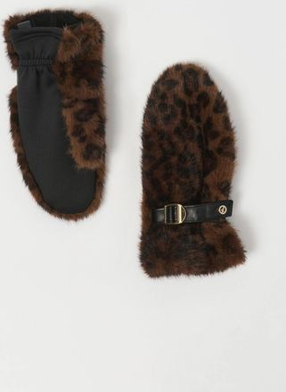 Joseph Ribkoff Womens Animal Print Embellished Faux Fur Gloves In Beige/black