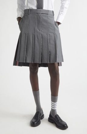 Thom Browne Pleated Low Rise Wool Seersucker Skirt in Light Grey at Nordstrom, Size 4 Us