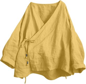 Generic Womens Hanten Kimono Cardigan - Long Sleeve Wrap Front, Cotton Linen Fabric, Retro Hanfu Costume, Irregular Shirt Top for Cultural Looks(Yellow, L)