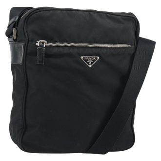 Prada Front Pocket Zip Messenger Tessuto With Saffiano Leather Black Nylon Handbag (Pre-Owned)
