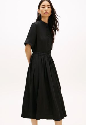 Tommy Hilfiger Sommerkleid TOMMY HILFIGER ESS LINEN MIDI SS SHIRT DRESS, Damen, Gr. L (42/44), N-Gr, schwarz, Web, Obermaterial: 100% Leinen, unifarben, tailliert wa