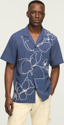 Lucky Brand Mens Short Sleeve Floral Embroidery Camp Collar Shirt