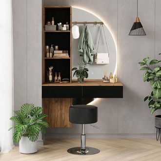 Vicco Tocador Melora, Roble/negro, 100 Cm Con Espejo Led Y Taburete, Vicco