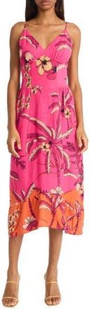 Maggy London Floral Linen Blend Fit & Flare Midi Dress in Pink Power/Light Rust at Nordstrom Rack, Size 10