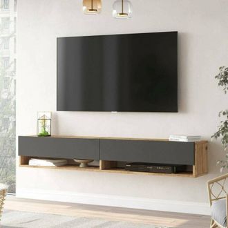 Dmora Dmora - Mueble De Televisi&oacute;n Eirene, Aparador De Sal&oacute;n, Mueble Bajo Para Tv, Base De Pared Equipada, 180x32h29 Cm, Roble Y Antracita, Con Embalaje Ref