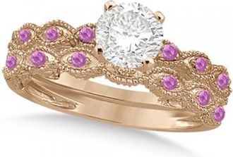 Allurez Vintage Lab Grown Diamond & Pink Sapphire Bridal Set 18k Rose Gold 0.70ct