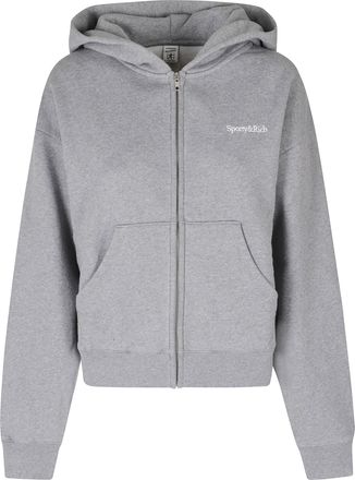 Sporty & Rich Serif Logo Embroidered Full-Zip Hoodie With Oversized Fit