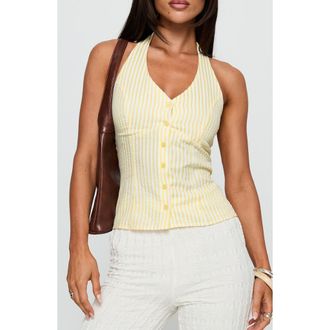 Princess Polly Old Friend Stripe Seersucker Halter Top in Yellow Stripe at Nordstrom, Size 12