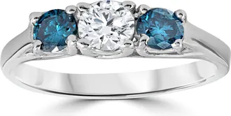 Pompeii3 3/4ct 3 Stone Blue & White Diamond Trellis Engagement Ring 14K White Gold Size Selectable