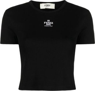 Fendi T-Shirts, female, Black, Size: S Logo-embroidered Cropped T-shirt